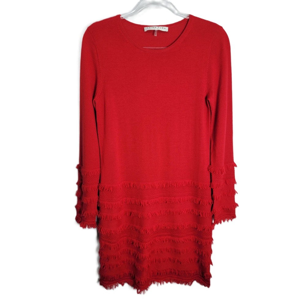 Trina Turk Womens Medium Sweater Dress Red 100% Merino Wool Tiered Fringe Slip